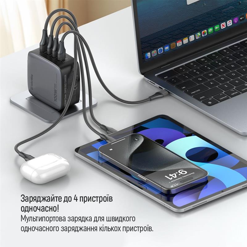 Мережевий зарядний пристрій ColorWay Power Delivery GaN (USB-A + 3USB TYPE-C) 100W Black (CW-CHS047PD-BK) | ARAGO