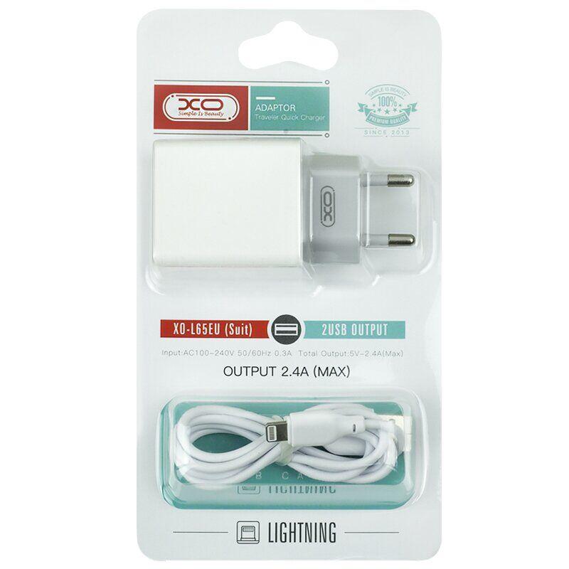 Мережевий зарядний пристрій XO L65 (2USBх2.4A) White (L65-L-WH) + кабель Lightning | ARAGO