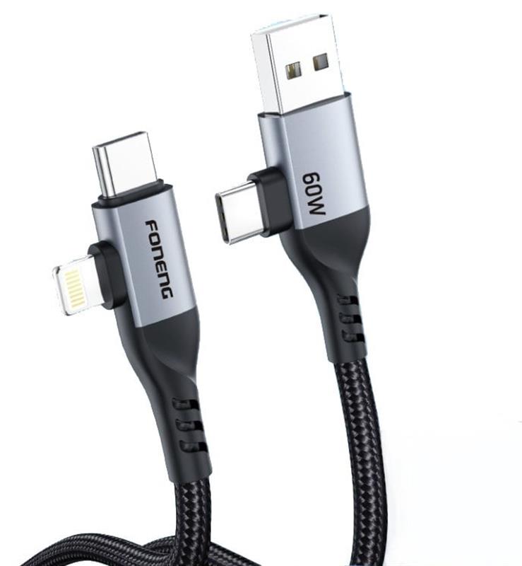 Кабель Foneng X92 4-in-1 (60W) USB/USB-C - USB-C/Lightning, 1 м, Black (X92-CA-FIO) | ARAGO