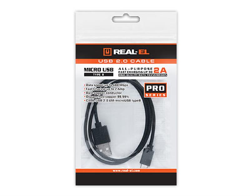Кабель REAL-EL Pro USB - micro USB V 2.0 (M/M), 2 м, чорний (EL123500025) | ARAGO