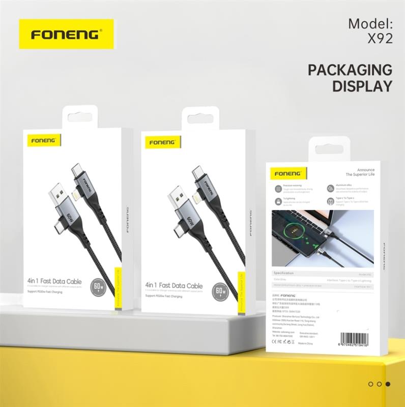 Кабель Foneng X92 4-in-1 (60W) USB/USB-C - USB-C/Lightning, 1 м, Black (X92-CA-FIO) | ARAGO