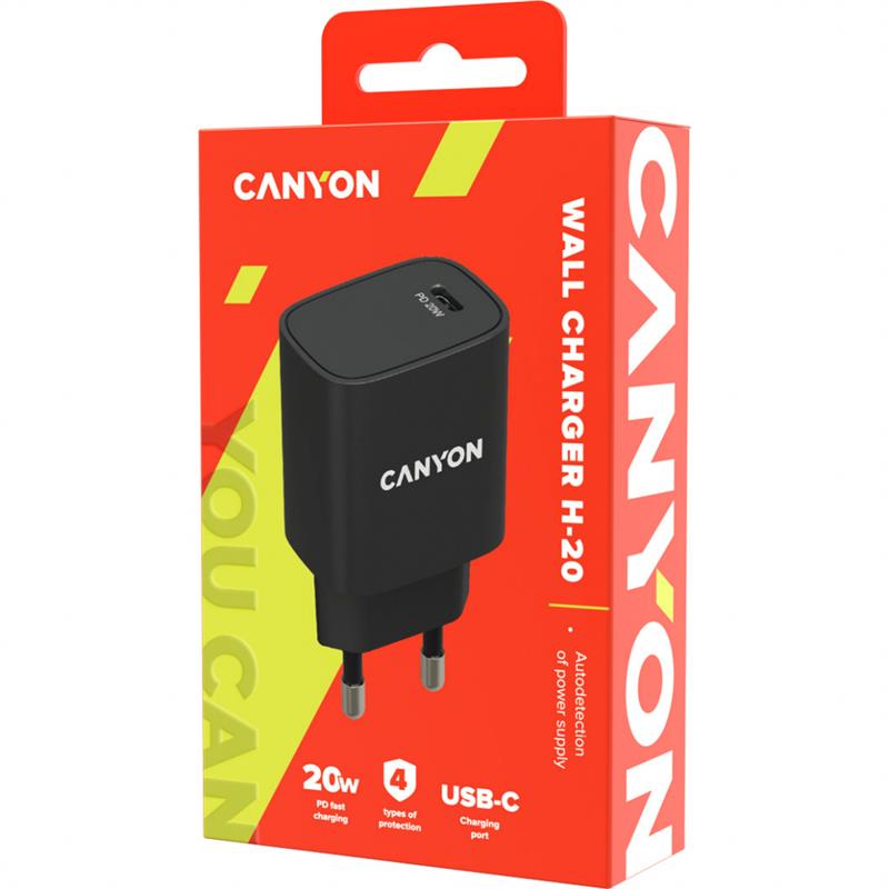 Мережевий зарядний пристрій Canyon H-20-02 (1USB, 3A) PD Black (CNE-CHA20B02) | ARAGO