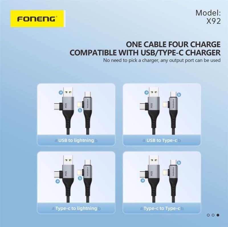 Кабель Foneng X92 4-in-1 (60W) USB/USB-C - USB-C/Lightning, 1 м, Black (X92-CA-FIO) | ARAGO