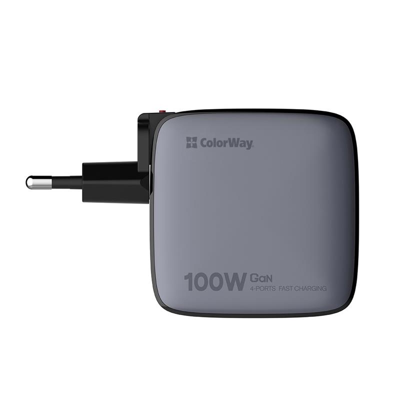 Мережевий зарядний пристрій ColorWay Power Delivery GaN (USB-A + 3USB TYPE-C) 100W Black (CW-CHS047PD-BK) | ARAGO