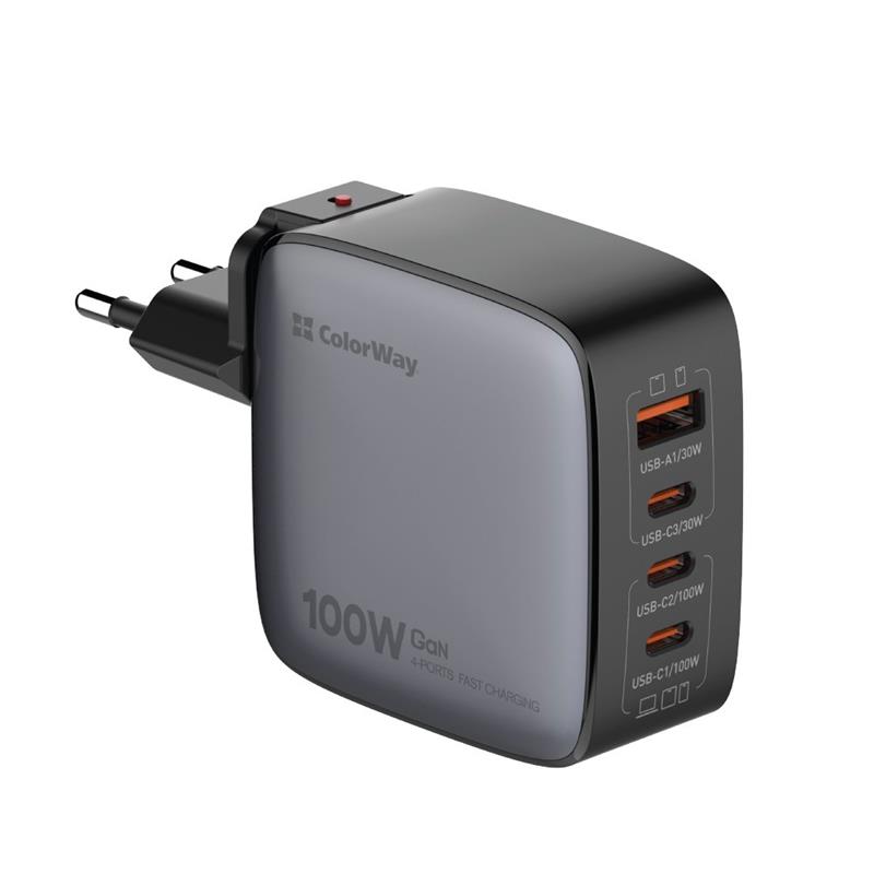 Мережевий зарядний пристрій ColorWay Power Delivery GaN (USB-A + 3USB TYPE-C) 100W Black (CW-CHS047PD-BK) | ARAGO