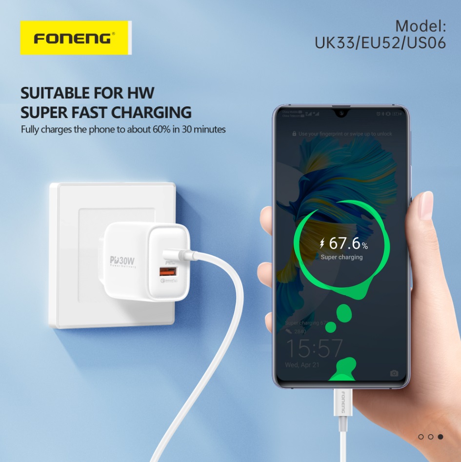 Мережевий зарядний пристрій Foneng EU52-CH PD 30W (1xUSB, 1xType-C) White | ARAGO