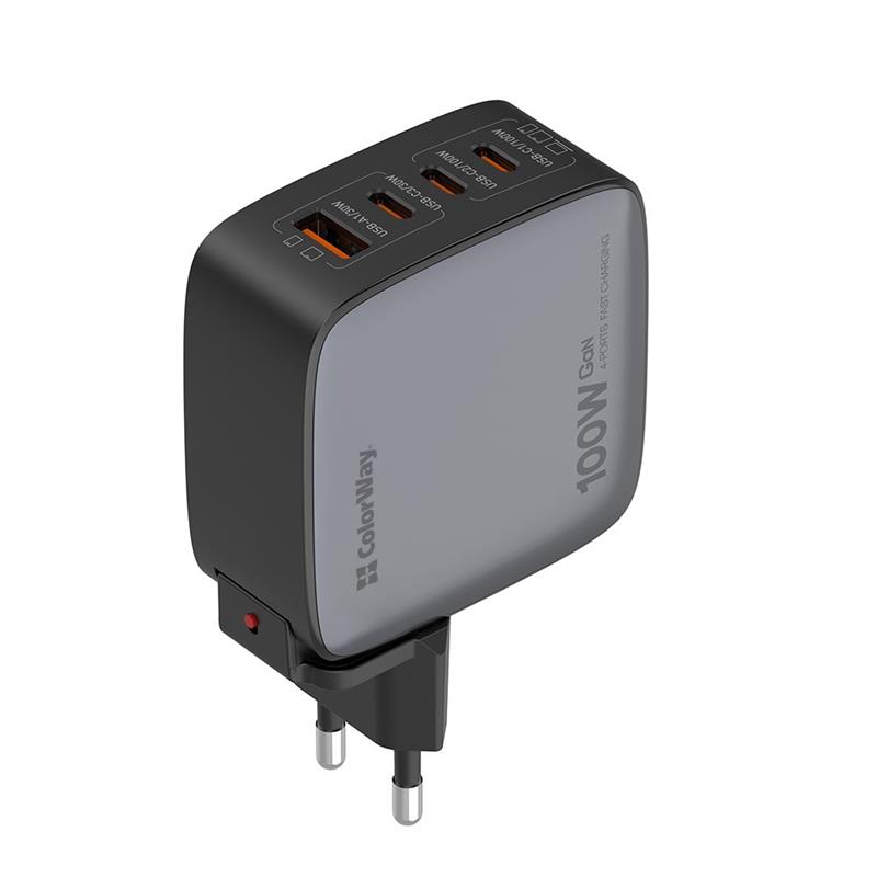 Мережевий зарядний пристрій ColorWay Power Delivery GaN (USB-A + 3USB TYPE-C) 100W Black (CW-CHS047PD-BK) | ARAGO