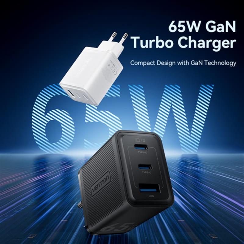 Мережевий зарядний пристрій Vention GaN III PD 65W QC3.0 5A White (FERW0-EU) | ARAGO