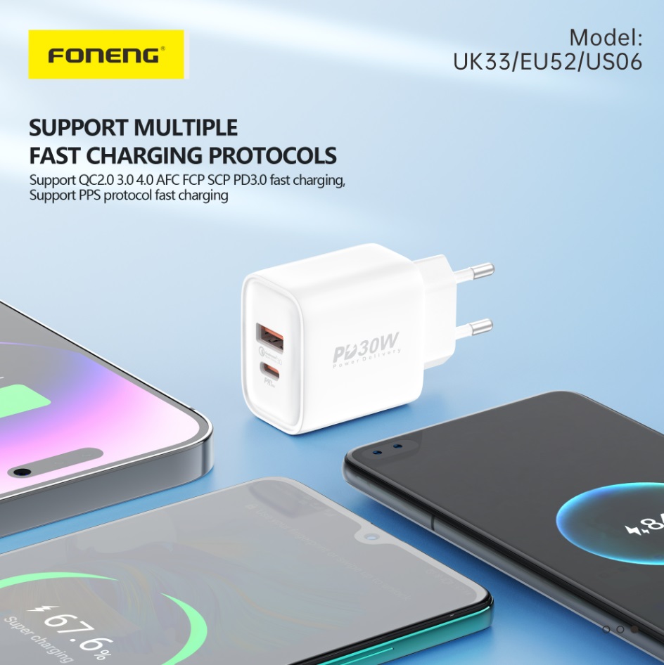 Мережевий зарядний пристрій Foneng EU52-CH PD 30W (1xUSB, 1xType-C) White | ARAGO