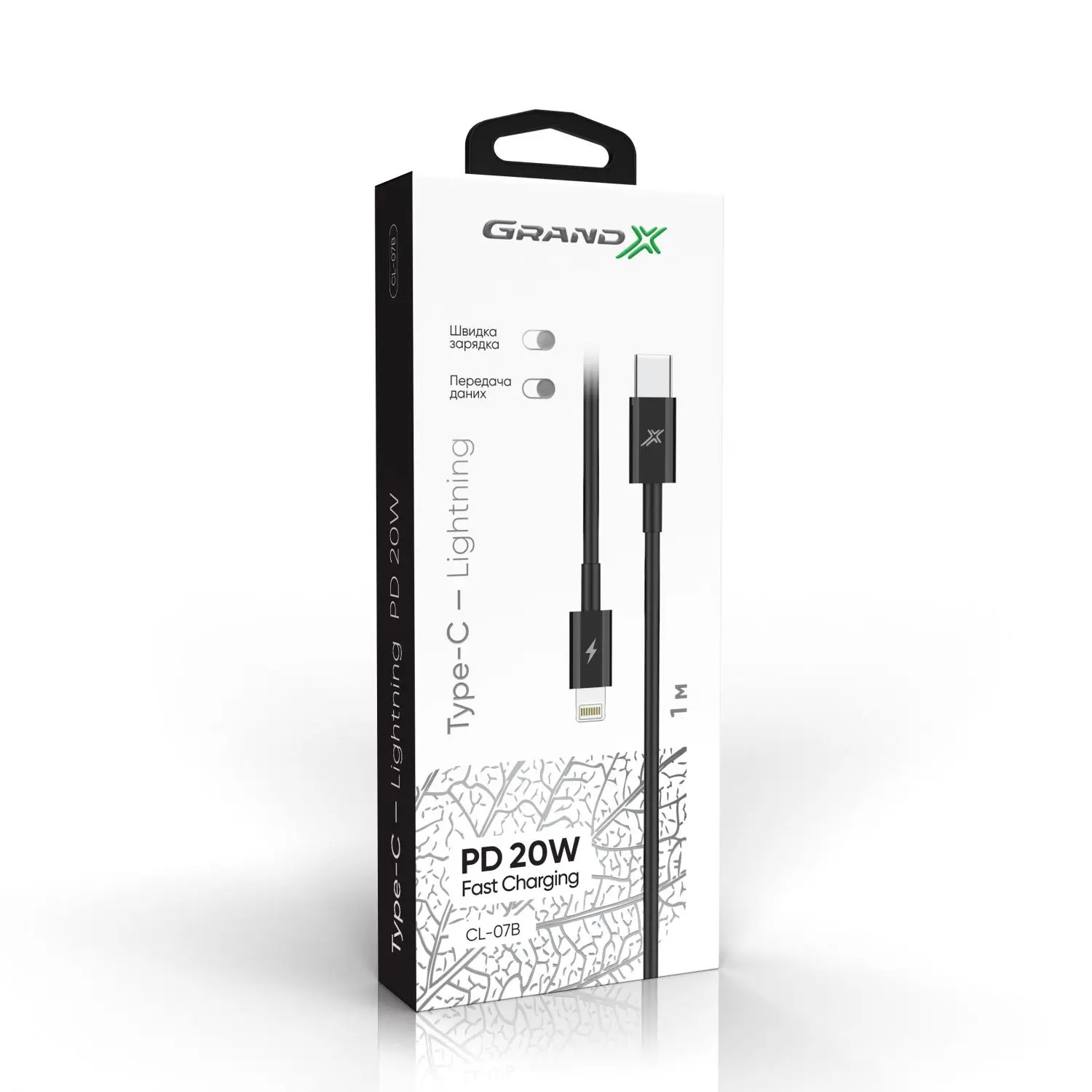 Кабель Grand-X Lightning - USB Type-C 20W, 1м, Black (CL-07B) | ARAGO