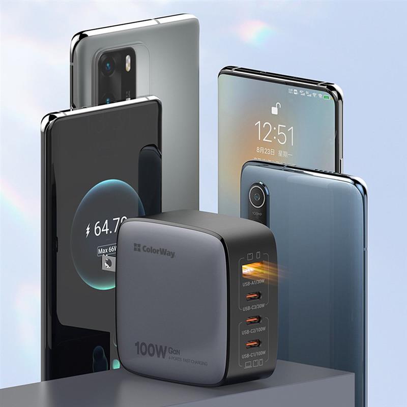 Мережевий зарядний пристрій ColorWay Power Delivery GaN (USB-A + 3USB TYPE-C) 100W Black (CW-CHS047PD-BK) | ARAGO