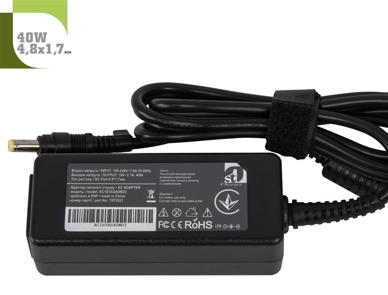 Блок живлення 1StCharger для ноутбука Asus 19V 40W 2.1A 4.8х1.7мм + каб.живл. (AC1STAS40WD3) | ARAGO