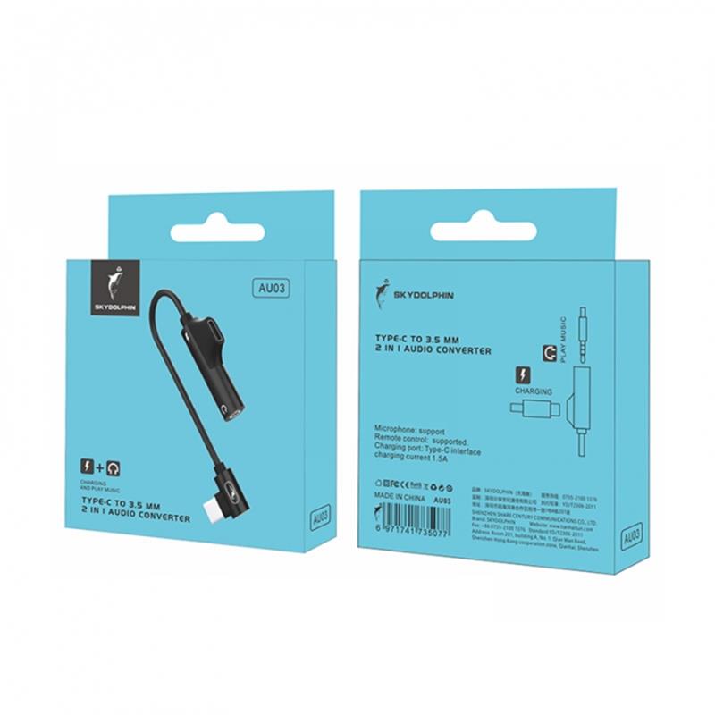 Перехідник SkyDolphin AU03 USB USB-C - Jack 3.5 + USB-C (M/F), Black (ADPT-00027) | ARAGO