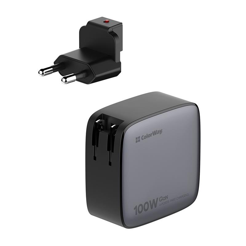 Мережевий зарядний пристрій ColorWay Power Delivery GaN (USB-A + 3USB TYPE-C) 100W Black (CW-CHS047PD-BK) | ARAGO