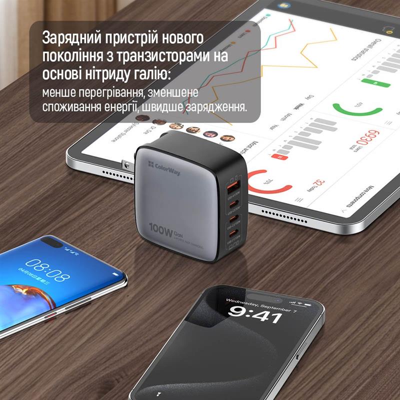 Мережевий зарядний пристрій ColorWay Power Delivery GaN (USB-A + 3USB TYPE-C) 100W Black (CW-CHS047PD-BK) | ARAGO