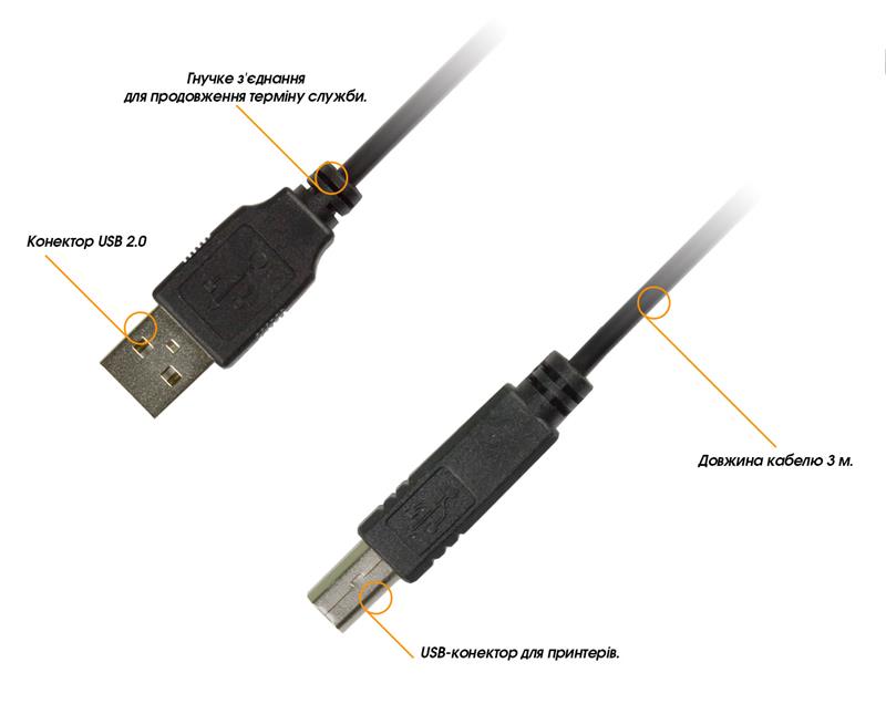 Кабель Piko USB - USB Type-B V 2.0 (M/M), 3 м, чорний (1283126473944) | ARAGO