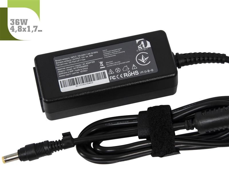 Блок живлення 1StCharger для ноутбука Asus 12V 36W 3A 4.8х1.7мм + каб.живл. (AC1STAS36WD2) | ARAGO