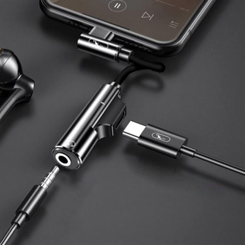 Перехідник SkyDolphin AU03 USB USB-C - Jack 3.5 + USB-C (M/F), Black (ADPT-00027) | ARAGO