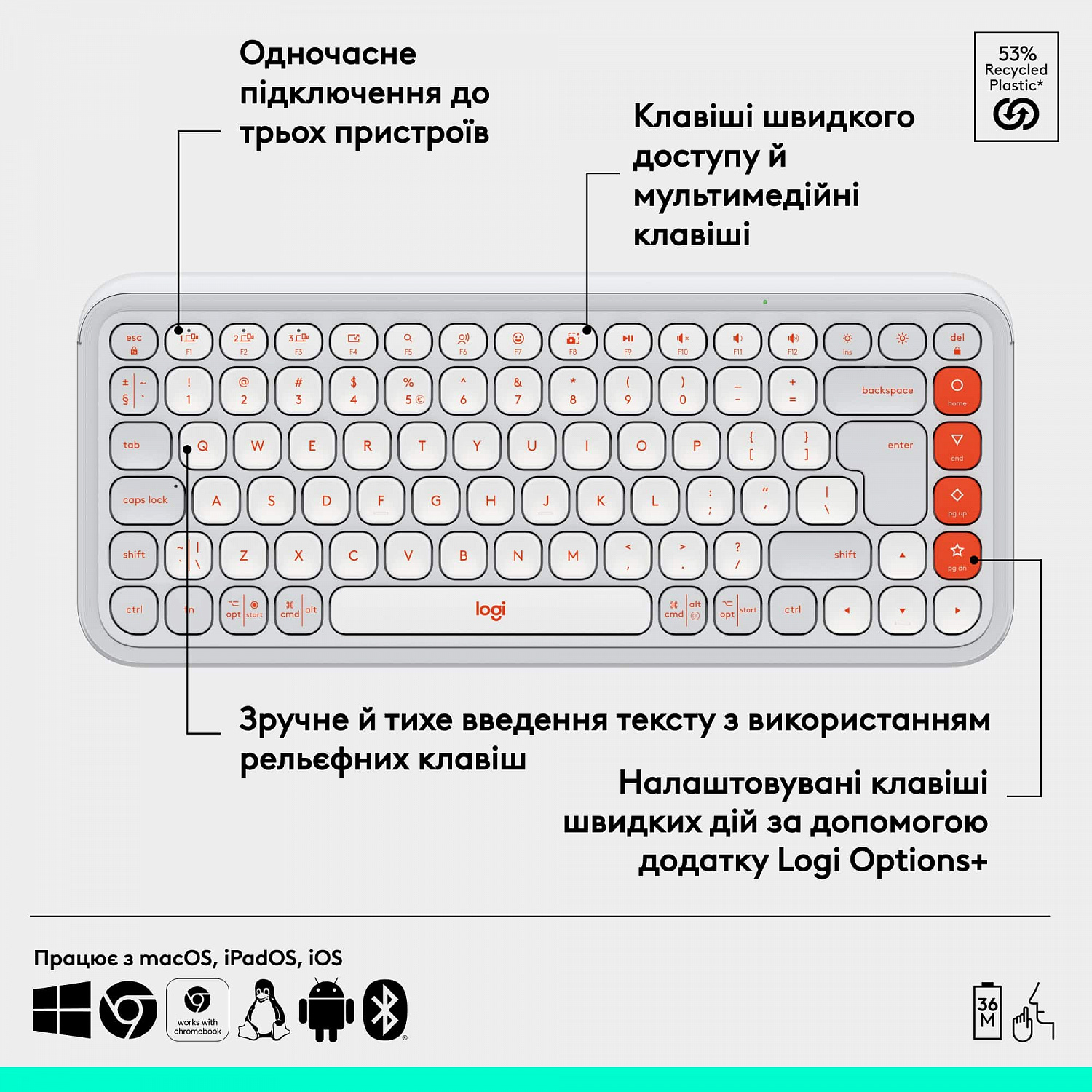 Клавiатура бездротова Logitech Pop Icon Keys Off White (920-013072) | ARAGO