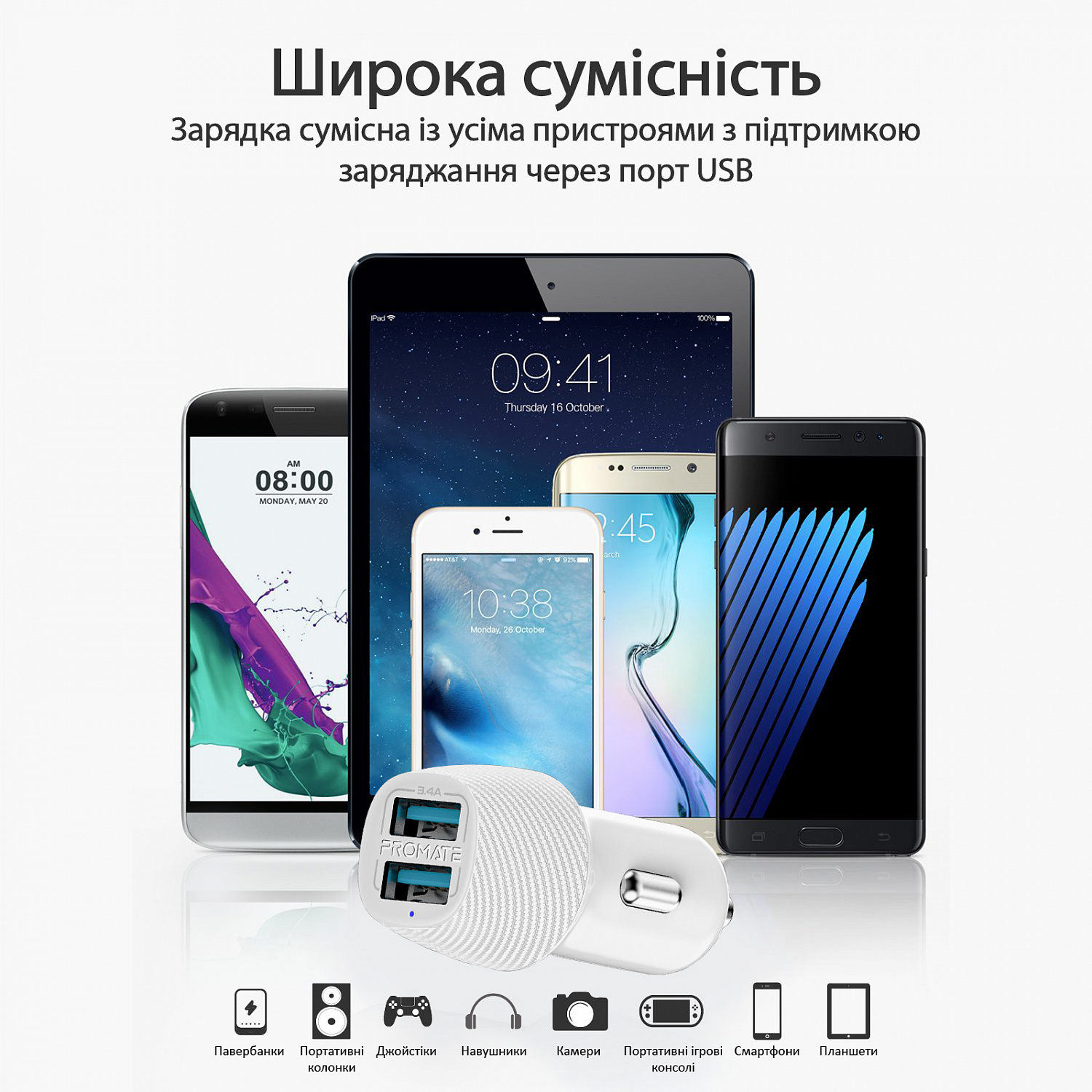 Автомобільний зарядний пристрій Promate Voltrip-Duo White | ARAGO