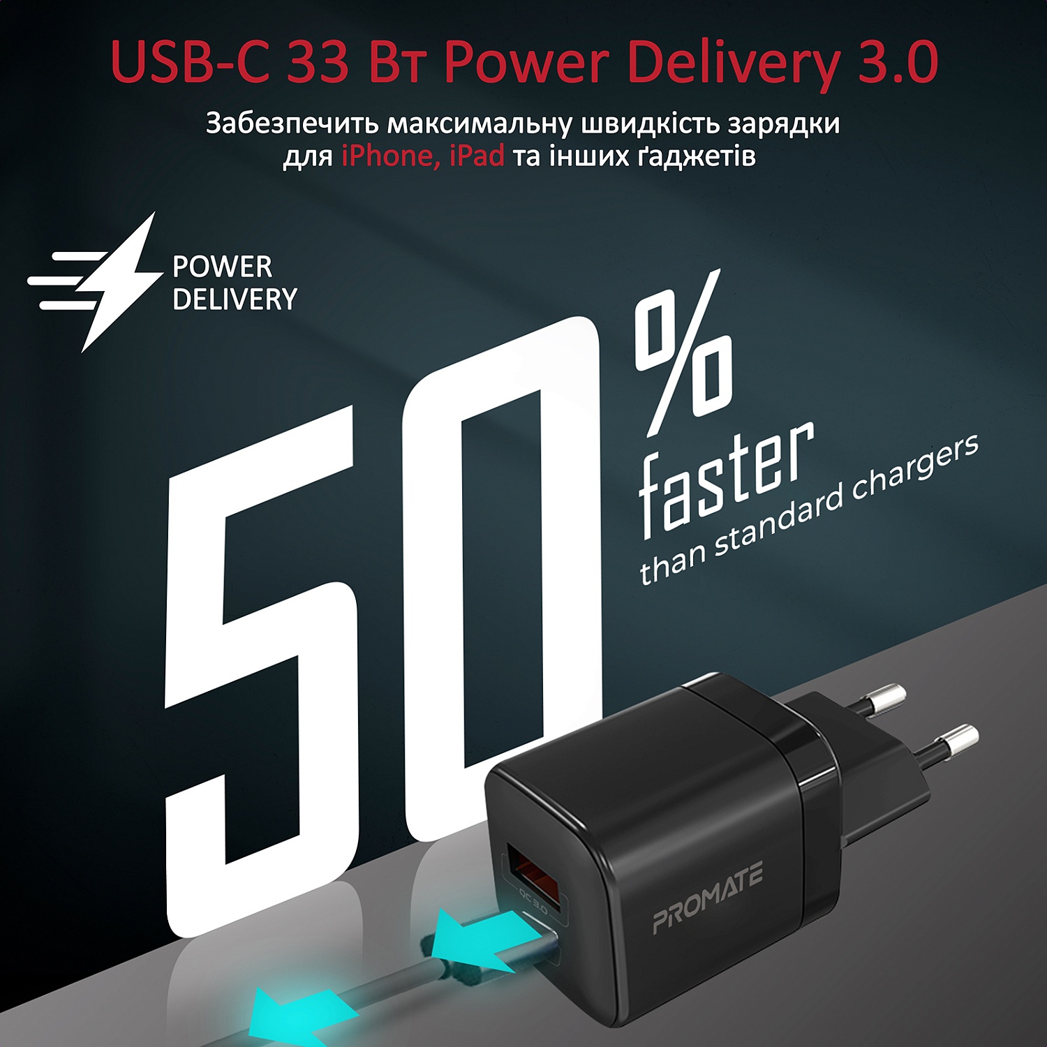 Зарядний пристрій Promate PowerPort-33 Black | ARAGO